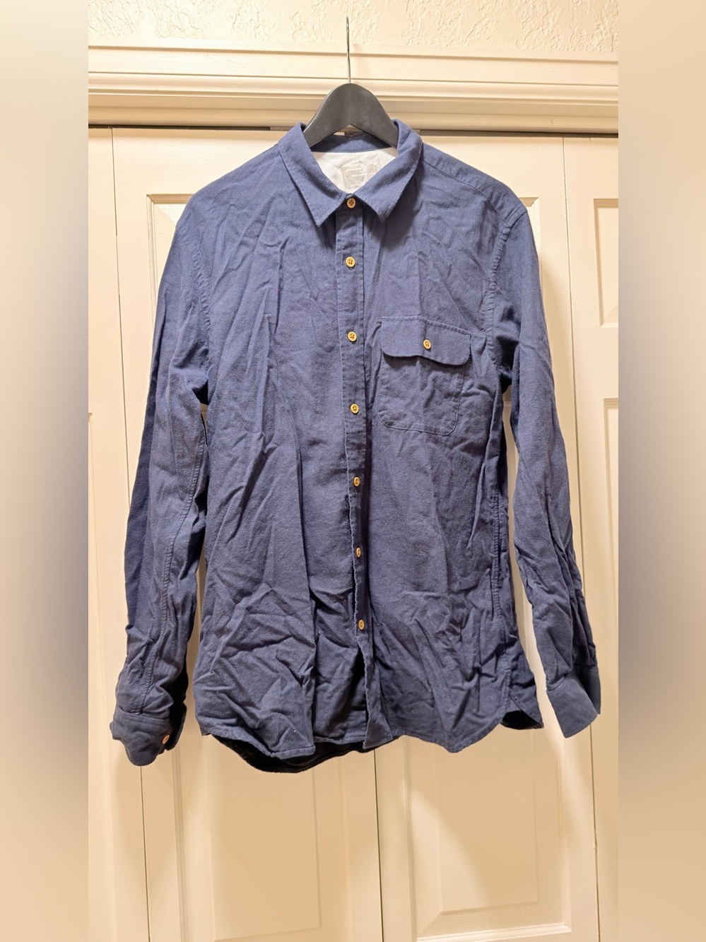 MUJI Cotton Yak Wool Blend Button Down Shirt Men L Navy Blue Long Sleeve